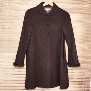 EUC Neiman Marcus Helena Mink Fur Trims Wool Dress Shawl Collar Coat Brown Sz 8